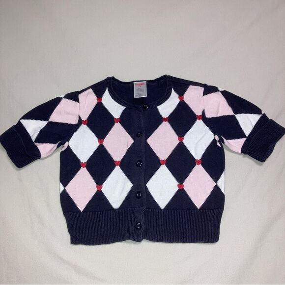 Argyle Cardigan Sweater Girls 4 Delicate Knit Button Down Preppy Shirt Top Heart - Picture 1 of 5